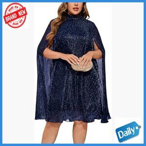 Plus Size Sparkly Cape Sleeve Cocktail Dress High Neck Loose Fit Flowy